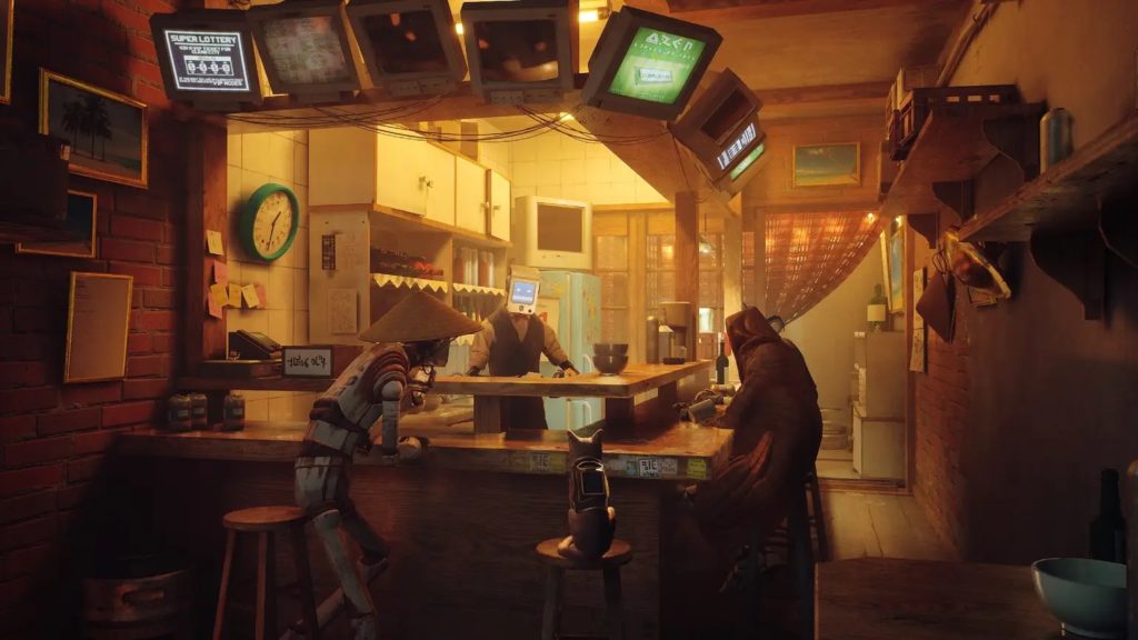Stray, un chat avec des robots au comptoir d'un bar