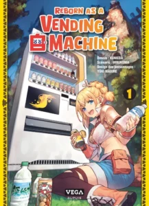 Tome 1 de Reborn as a vending machine. On y voir un grand distributeur blanc et une jeune fille blonde lui faisant un énorme câlin