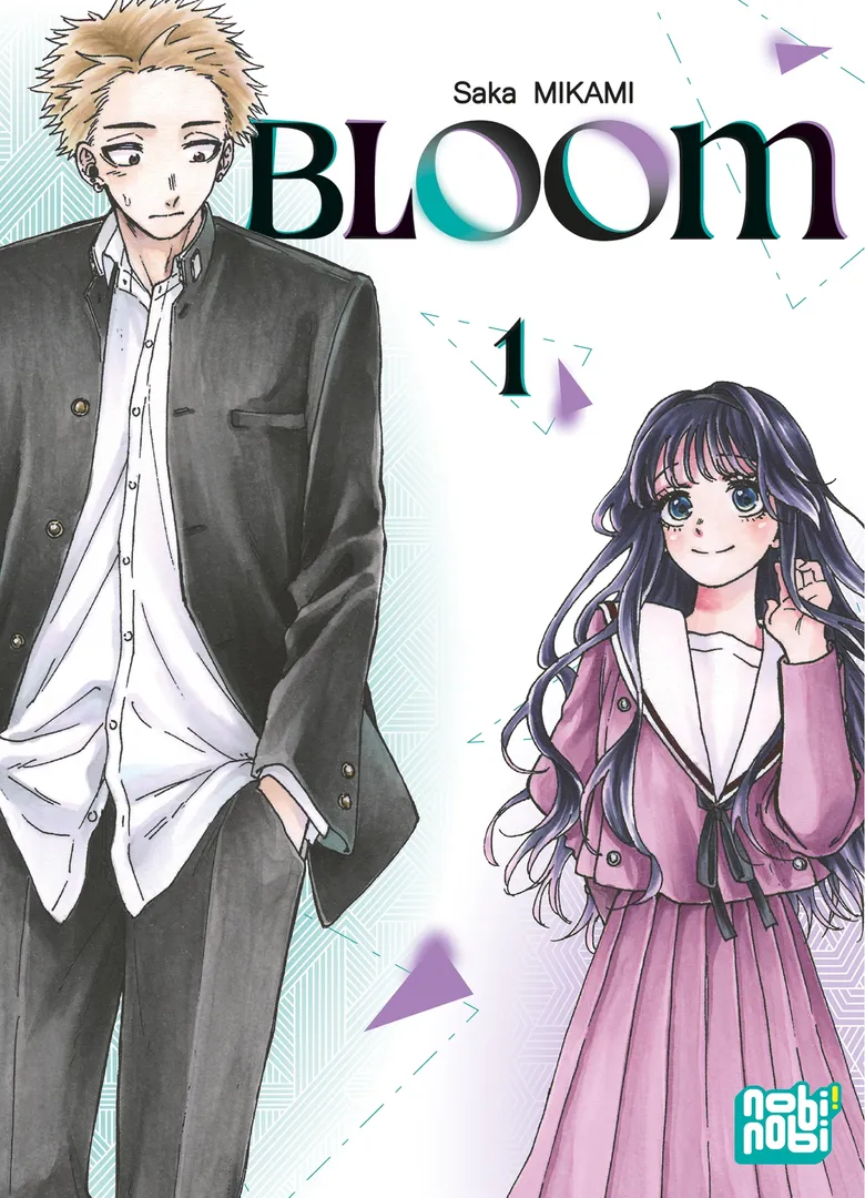 Couverture de Bloom tome 1
A gauche, on voit un garçon aux cheveux châtains en pétard, portant un uniforme noir débraillé, verte mao ouverte, chemise sortie du pantalon. Il regarde une jeune fille noir qui fait deux têtes de moins que lui, portant un uniforme mauve à col marin. Elle est très souriante et enjouée