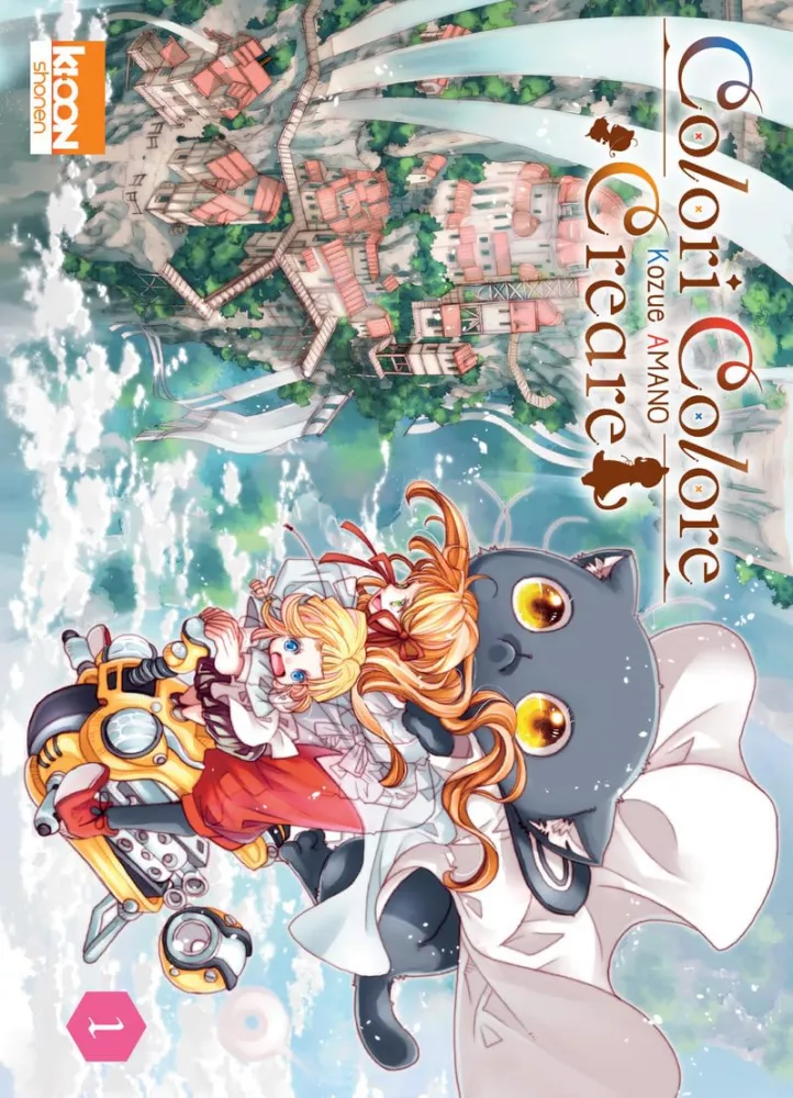 Couverture de Colori Colore Creare tome 1

Une jeune femme blonde conduit un scooter qui évolue dans les airs, avec à son bord une petite fille hilare et un énorme chat gris aux yeux jaunes. Au loin, on distique une ville avec de nombreux escaliers et maisons serrées les une contre les autres, perdues au milieu des nuages