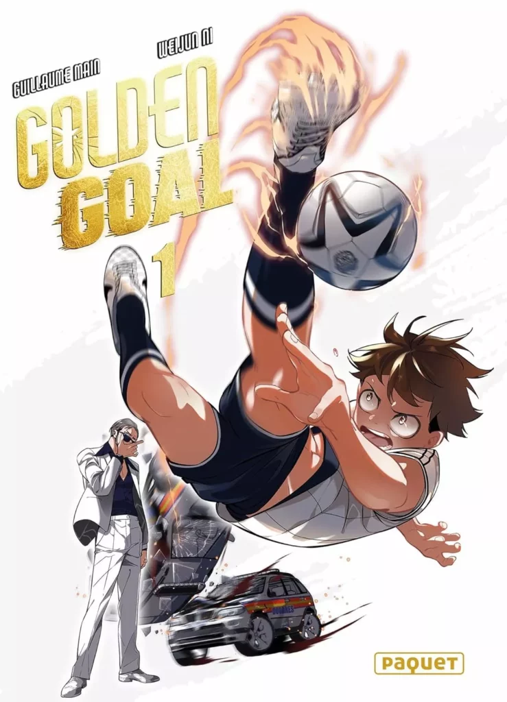 Couverture du tome 1 de Golden Goal

Un garçon en tenue de foot effectue un tir retourné. Dans le fond, on distingue un homme en costume blanc et portant des lunettes de soleil et deux voitures qui se percutent